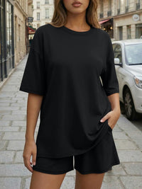 Round-neck Casual Loose-fitting Short-sleeve Shorts Womens Set