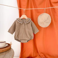 Embroidered Collar Romper Corduroy Long Sleeve Bag Butt Swimsuit
