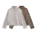 Spring Zipped Stand Collar Short Long Sleeve Knitted Coat
