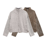 Spring Zipped Stand Collar Short Long Sleeve Knitted Coat