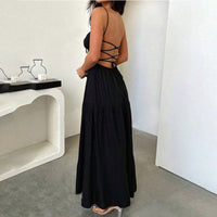 Spaghetti Strap Backless Long Solid Color Flowy Dress