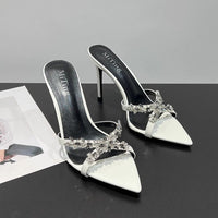 Water Diamond Sandals For Women With One Belt, Thin Heels, Half Slippers For Women, Lacquered Leather Cross Belt, High Heels, Cool Slippers