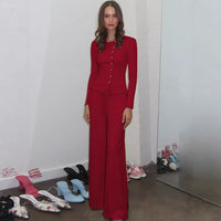 Womens Casual Two-Piece Set Crew-Neck Long-Sleeve Top And Drawstring Pants