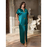 Satin Split Maxi Dress With Three-dimensional Floral Embellishments And Short Sleeves