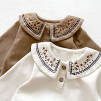 Embroidered Collar Romper Corduroy Long Sleeve Bag Butt Swimsuit
