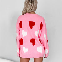 Women's Fashionable And Versatile Heart-Print Crew-Neck Knitted Top