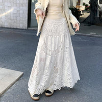 Womens Lace Retro French Crochet Hollow-Out Knit A-Line Skirt