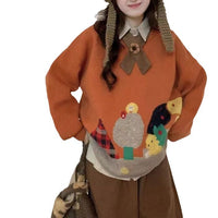 Cartoon Loose Orange Round Neck Long Sleeve Sweater
