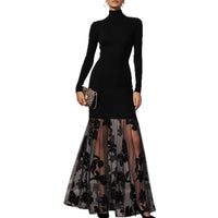 Black Mesh Floral Knit Turtleneck Long-Sleeve Patchwork Gauze Dress
