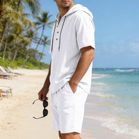 Men's Linen Hooded Casual Set - Loose Fit Breathable Two-Piece Outfit For Summer Daily Wear Holiday Outfit