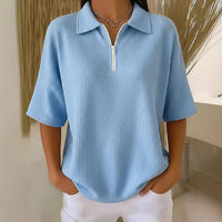 Pullover Drop-shoulder Half-zip Waffle-knit Short Sleeve