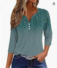 Women's T-shirt V-neck Half-open Tube Three-button Printed 34 Sleeves Top
