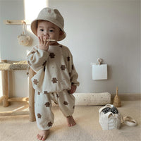 Boys And Girls Baby Bear Print Suit Round Neck Long Sleeve