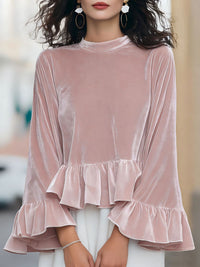 Womens Solid-Color Long-Sleeve Crew-Neck Ruffle-Trim Sweatshirt Top