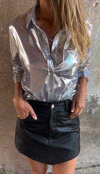 Women's Faux Leather Fashion Polo Collar Shirt