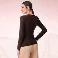 Womens Slant-Neckline Slim-Fit Pleated Versatile Base Top Long-Sleeve Blouse