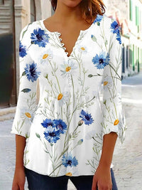 Women's Floral Printed 34 Sleeves V-neck Buttons Shirt