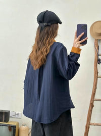 Womens Casual Retro Color-Block Collar Cotton Shirt