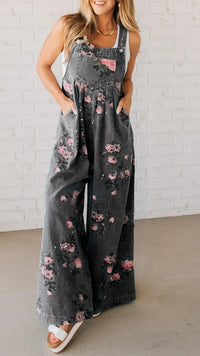 Fashion Denim Floral Print Sleeveless Strap Jumpsuit