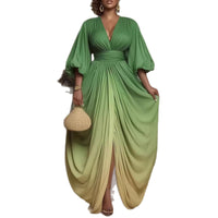 V-neck Stylish Elegant Printed Pleated Loose-fit Figure-flattering Dress