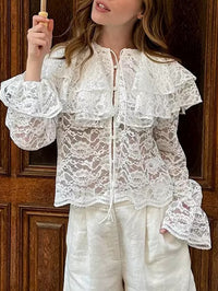 Lace Sheer Double-layer Ruffle-neck Blouse