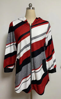 European And American Loose Striped Hooded Zip Long Sleeve Coat