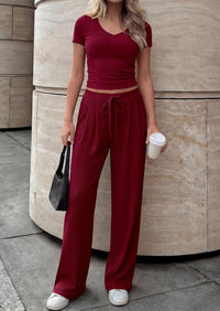 Solid-color Casual Chic V-neck Short-sleeve Top And Wide-leg Pants Set