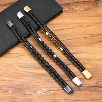 Fashionable All-Match Stainless Steel Genuine Leather Double-Braided Leather Cord Bracelet