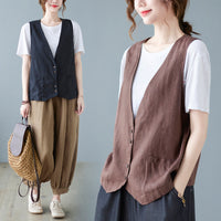 Artistic Relaxed-fit Solid-color Cotton-linen Sleeveless Vest