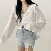 Lazy Style Thin Short Ice Silk Loose Lantern Sleeve Hooded Long-sleeved Cardigan