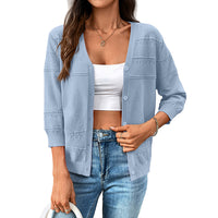 Women's Thin Cape 34 Sleeve Hollow-out Knitted V-neck Cardigan