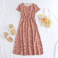 Printed Short-sleeve Waist-cinching Figure-flattering Dress For Petite Frames