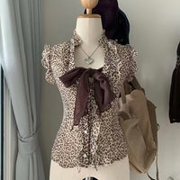 Retro Leopard-Print Bow-Knot Top For Women