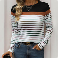 Color-block Striped Long-sleeve T-shirt Casual Top For Women