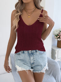 Women S Casual Solid Color Hollow Out Sleeveless V-Neck Knit Vacation Top