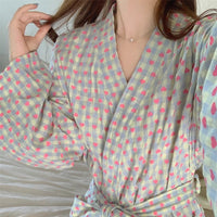 Sweetheart Checked Pajama Robe Spring Autumn New Style, Loose Fitting, Comfortable Mid Length Loungewear For Home