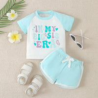 Casual Contrast Color Letter T-shirt Sports Shorts Two-piece Set