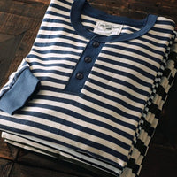 Men's Retro Henry Collar Striped Washed Cotton Long-Sleeve T-Shirt
