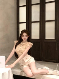 French Style Bow Lapel Chiffon Short Sleeve Shirt