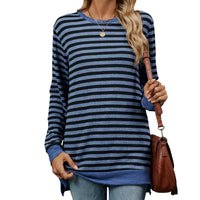 Women's Striped Contrasting Color Crew Neck Long Sleeve Top