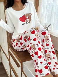 Womens Crew-Neck Bear And Heart Print Long-Sleeve Pajama Set With Long Pants