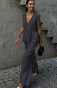 Womens Cotton V-Neck Sleeveless Vest And Wide-Leg Pants Set