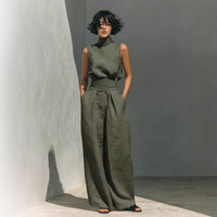 Womens Cotton-Linen Blend Sleeveless Top And Wide-Leg Pants Set