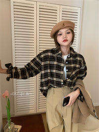 Polo Collar Brushed Shirt Women's Plaid Coat Top