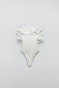 Strapless Straight Collar Transparent Organza Laminated Decoration Rib Jumpsuit