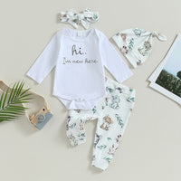 Children's Baby Letter Long-sleeve Jumpsuit Trousers Hat Hair Band Four-piece Set