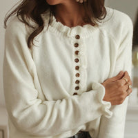 New Style Frill Button Knitted Pullover Crew Neck Sweater Women
