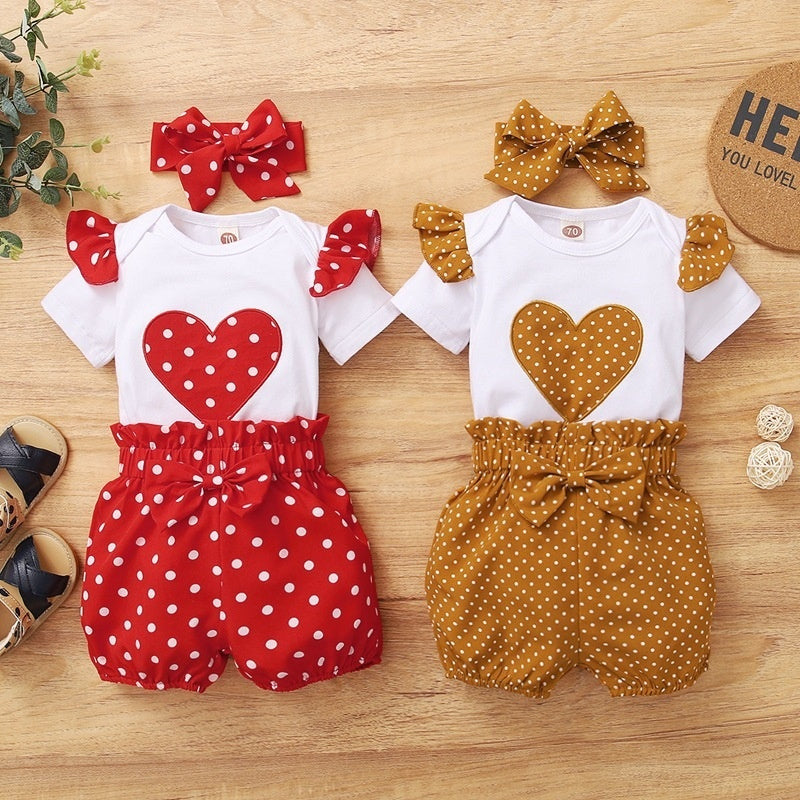 Children's Love Short Sleeves And Dots Headscarf Pajamas