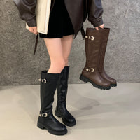 Vintage Women's Leather Belt Buckle Side-zip Fashion Boots