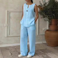 Women's V-Neck Sleeveless Knit Vest And Extended-Length Pants Set - Casual Cotton Blend Matching Outfit